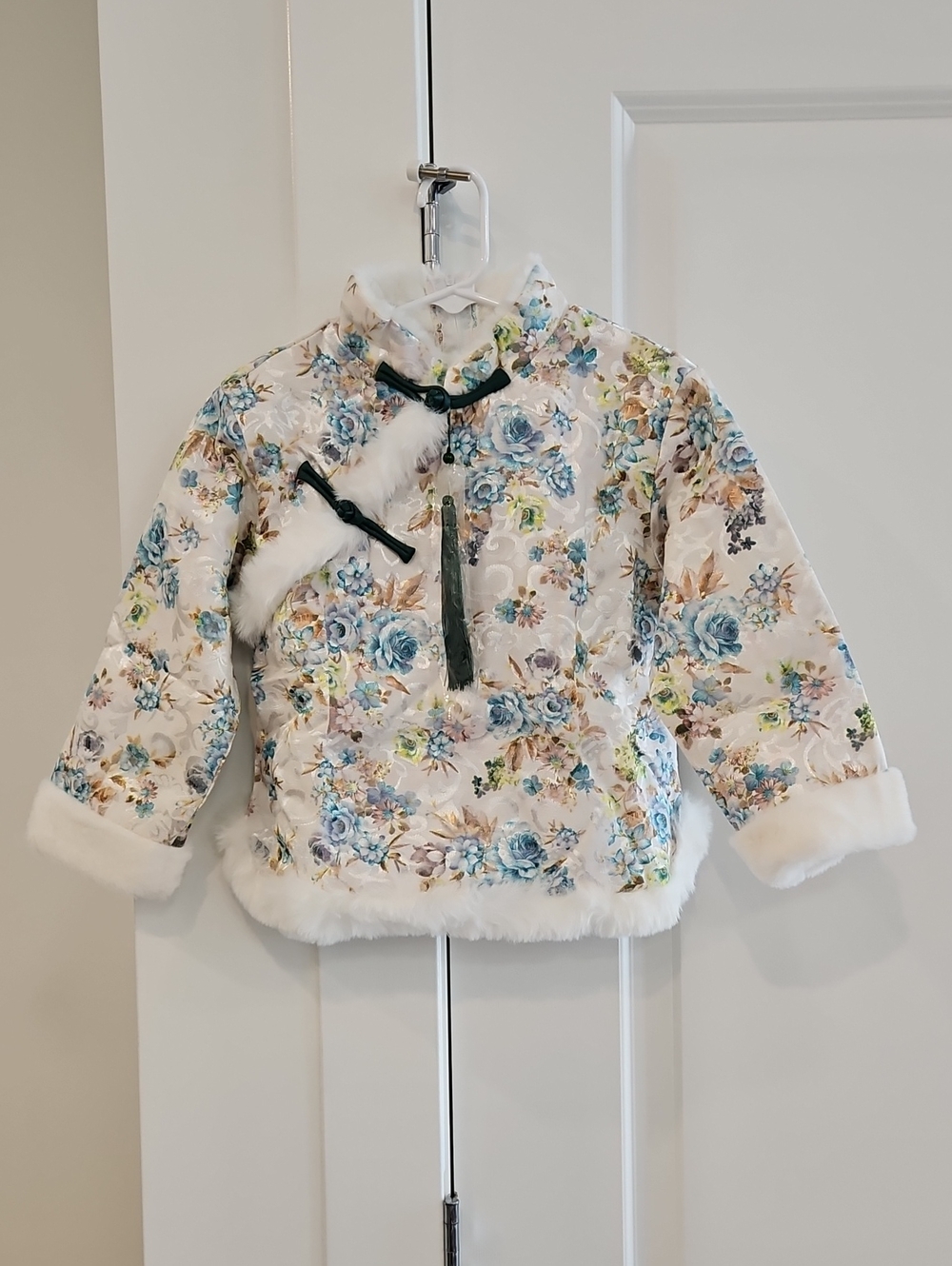 Girls White Floral Faux-Fur Trim Jacket